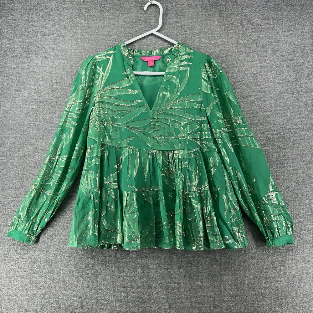 Lilly Pulitzer Sarita Long Sleeve Top Women Size 0 Green Silk Casual Lined